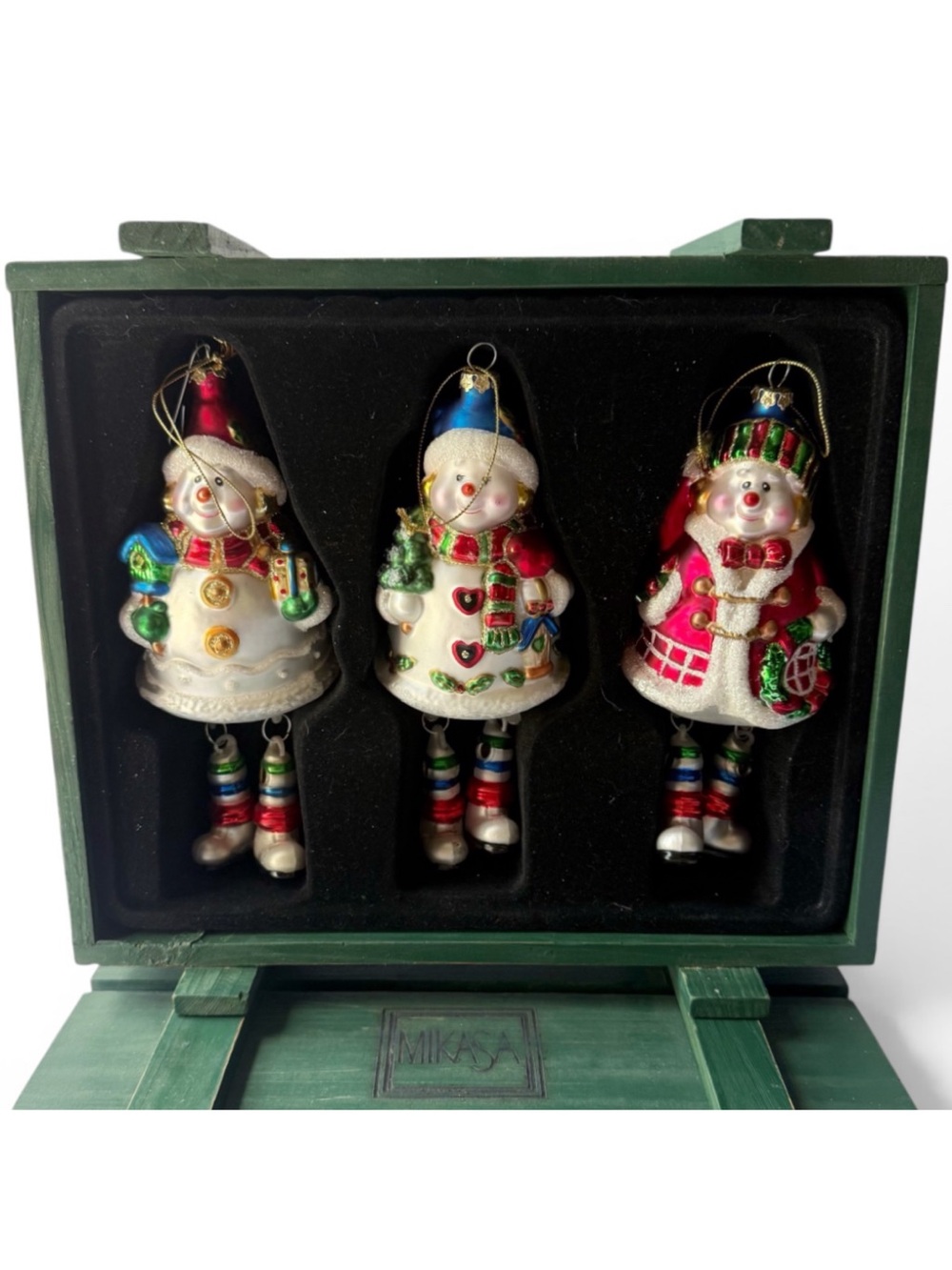 Mikasa Set of 3 Blown Glass Snowman Dangling Legs Christmas Ornaments in Box